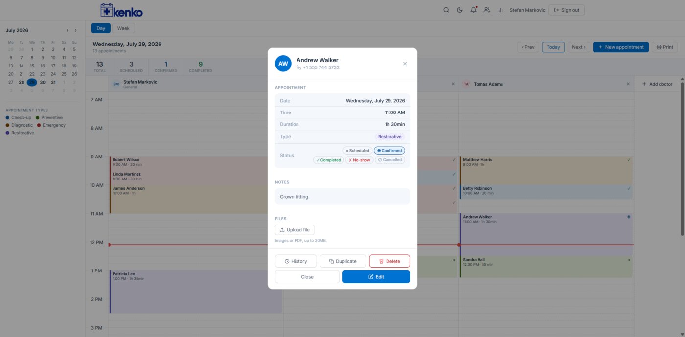 Kenko appointment detail modal showing patient info, status, and notes