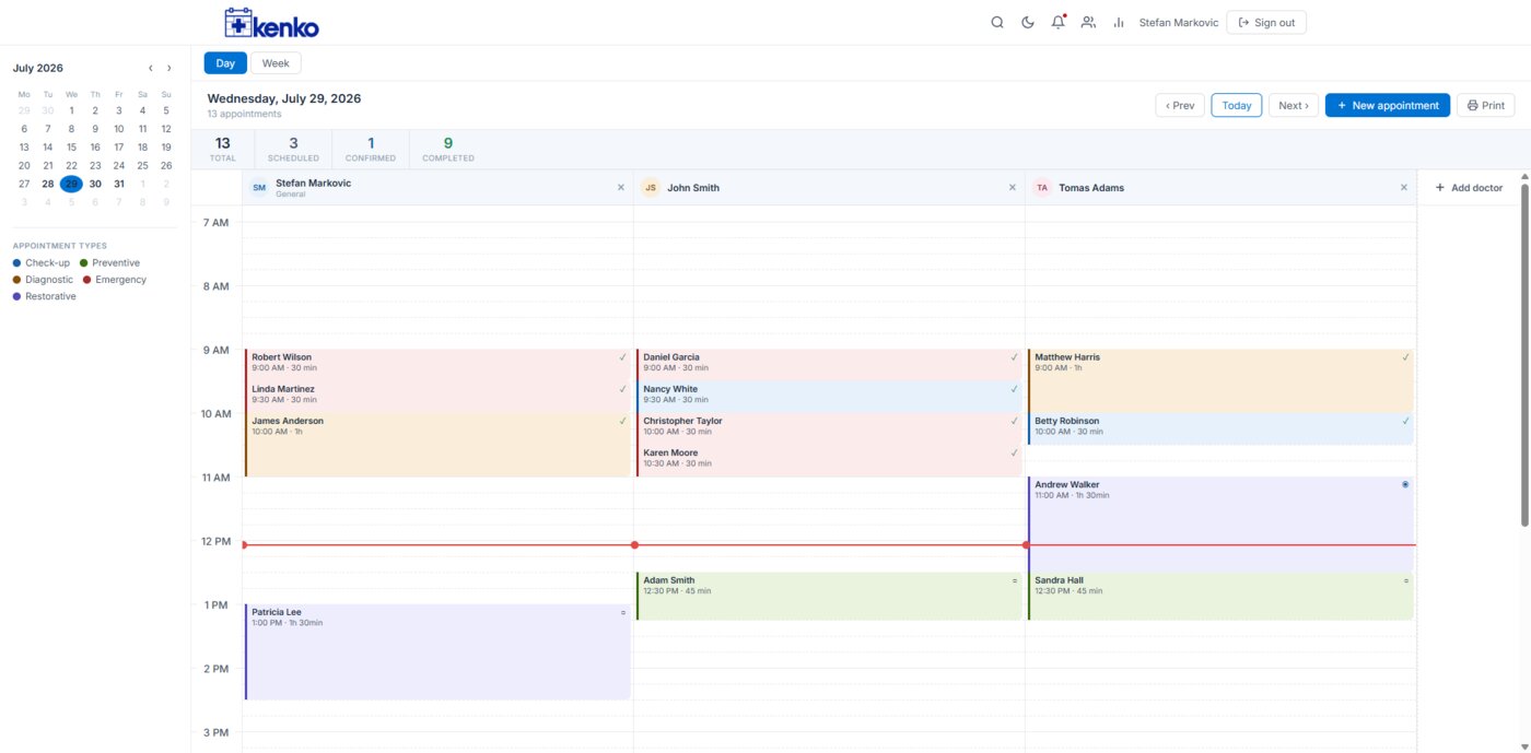 Kenko multi-doctor day view calendar showing three providers' schedules side by side