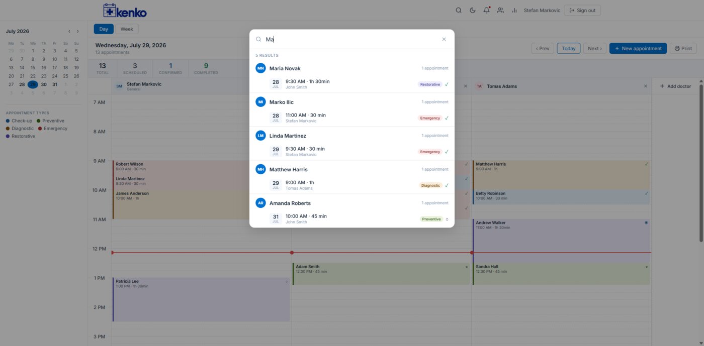 Kenko patient search showing instant results with appointment history