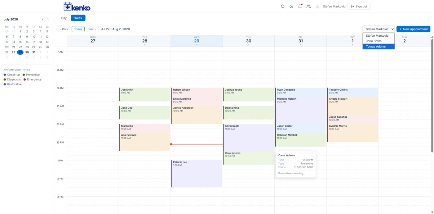 Kenko week view showing a full week of appointments across providers